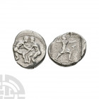 Pamphylia - Aspendos - Wrestlers AR Stater. 330-250 B.C. Obv: two naked athletes, wrestling, grasping each other by the arms; KI between them. Rev: ES...