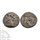 Kings of Elymais - Kamnaskires III - Portrait AR Tetradrachm. 62-46 B.C. Obv: profile bust left with Seleukid anchor behind. Rev: small profile bust l...