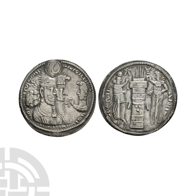 Sasanian - Vahram (Bahram) II, with Queen and Prince - AR Drachm. 276-293 A.D. U...