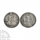 Sasanian - Vahram (Bahram) II, with Queen and Prince - AR Drachm. 276-293 A.D. Uncertain mint. Obv: jugate busts of Vahr?m (Bahram), wearing winged cr...