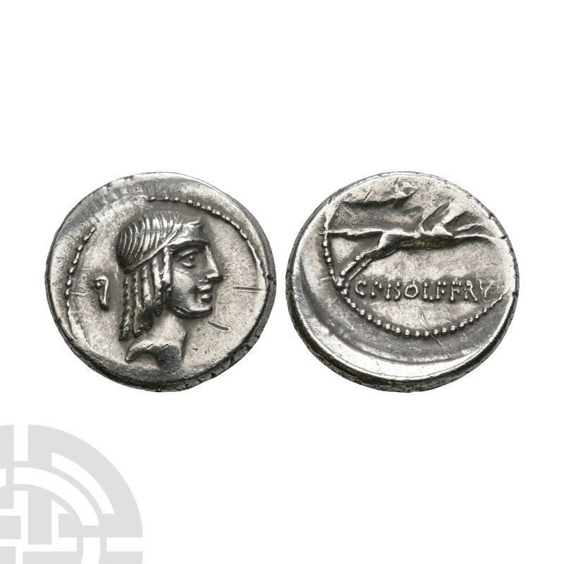 C Calpurnius Piso L f Frugi - Naked Horseman AR Denarius. 67 B.C. Rome mint. Obv...