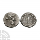 L Manlius Torquatus - Sibyl AR Denarius. 65 B.C. Rome mint. Obv: head of Sibyl right wreathed in ivy; SIBELLA below. Rev: tripod surmounted by amphora...