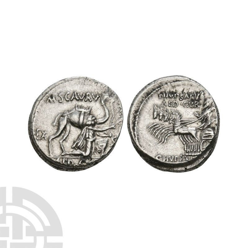 M Aemilius Scaurus / P Plautius Hypsaeus - Aretas AR Denarius. 58 B.C. Rome mint...