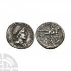 P Fonteius P f Capito - Mars AR Denarius. 55 B.C. Rome mint. Obv: P FONTEIVS P F CAPITO III VIR legend with helmetted and draped bust of Mars right; t...