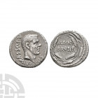 D Junius Brutus Albinus - Corn Wreath AR Denarius. 48 B.C. Rome mint. Obv: A POSTVMIVS COS legend with head of A Postumius Albinus right. Rev: ALBINV ...