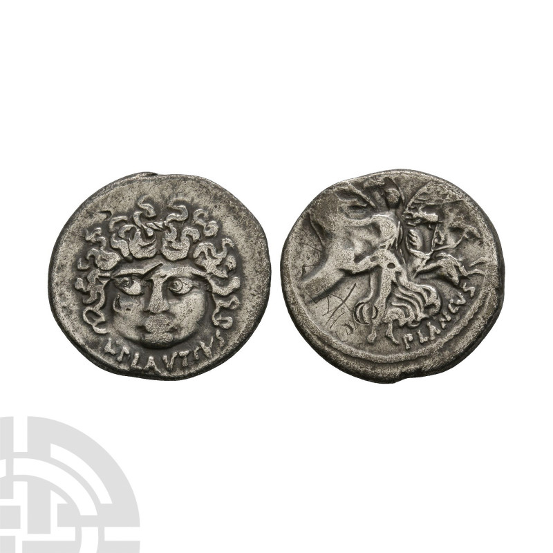 L. Plautius Plancus - Medusa AR Denarius. 47 B.C. Rome mint. Obv: L PLAVTIVS ben...