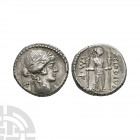 P Clodius M f - Diana Lucifera AR Denarius. 42 B.C. Rome mint. Obv: laureate head of Apollo right; lyre behind. Rev: Diana Lucifera standing right hol...