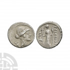 P Clodius M f - Diana Lucifera AR Denarius. 42 B.C. Rome mint. Obv: laureate head of Apollo right; lyre behind. Rev: Diana Lucifera standing right hol...