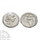 Julius Caesar - Aeneas AR Denarius. 47-46 B.C. North African mint. Obv: diademed head of Venus right. Rev: CAESAR legend with Aeneas striding left hol...