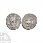 Julius Caesar - Bull AR Denarius. 40 B.C. Rome mint. Obv: DIVI IVLI legend with wreathed head right. Rev: Q VOCONIVS above bull-calf left; VITVLVS in ...