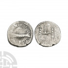 Mark Antony - Legion III - Galley AR Denarius. 32-31 B.C. Patrae(?) mint. Obv: ANT AVG III VIR R P C legend above and below galley right. Rev: legiona...