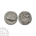 Mark Anthony - Legion V - Galley AR Denarius. 32-31 B.C. Patrae(?) mint. Obv: ANT AVG III VIR R P C legend above and below galley right. Rev: legionar...