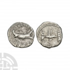 Mark Antony - Legion VII - Galley AR Denarius. 32-31 B.C. Patrae(?) mint. Obv: ANT AVG III VIR R P C legend above and below galley right. Rev: legiona...