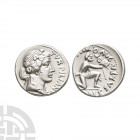 Augustus - P. Petronius Turpilianus AR Denarius. 27 B.C.-14 A.D. Rome mint. Obv: TVRPILIANVS [III VIR] legend with ivy-wreathed bust of Liber right. R...