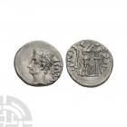 Augustus - Victory AR Quinarius. 25-23 B.C. Emerita mint. Obv: AVGVST to right of bare head left. Rev: CARISI LEG legend with Victory standing right c...