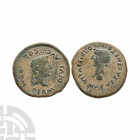 Tiberius - Spain - Augustus and Livia AE Dupondius. 14-19 A.D. Romula mint. Obv: PERM DIVI AVG COL ROM legend bust radiate bust of Augustus right with...