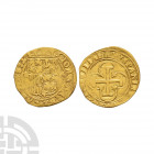 Spain - Joanna and Charles - Seville - Gold Escudo. 1506-1516 A.D. Seville mint. Obv: arms with S mintmark left and star right with JOANNA ET CAROLVS ...