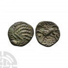Catuvellauni - Addedomaros - Solar Flower AE Unit. 45-25 B.C. Obv: profile head left with corded hair. Rev: annulate horse left with pellet-in-pellet-...