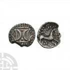 Iceni - Antedios AR Unit. 1st century A.D. Obv: double crescent on vertical wreath. Rev: horse right with reversed S below head, corn-ear mane and pel...
