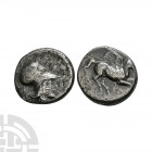 Corinth - Pegasus AR Stater. 404-345 B.C. Obv: Pegasus with straight wings flying right, Koppa below. Rev: helmetted head of Athena right, chimera(?) ...