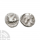 Corinthia - Corinth - Pegasus AR Drachm. 400-388 B.C. Obv: Pegasus flying left, koppa below. Rev: head of Aphrodite right, wearing sakkos; monograms b...