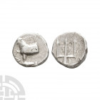 Thrace - Byzantion - Trident AR Hemidrachm. 386-340 B.C. Obv: forepart of bull standing left on dolphin left; Y?Y above. Rev: ornate trident head with...