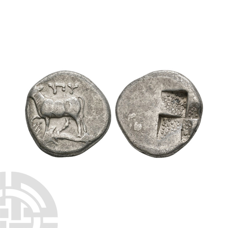 Thrace - Bull and Dolphin AR Drachm. 340-320 B.C. Obv: bull left standing on dol...