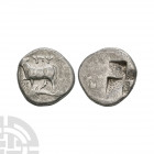 Thrace - Bull and Dolphin AR Drachm. 340-320 B.C. Obv: bull left standing on dolphin with Y?Y above. Rev: incuse square of mill-sail pattern Schonert-...