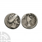 Chalkis - Eagle AR Drachm. 338-308 B.C. Obv: head of the nymph Chalkis right. Rev: X-AL retrograde anti-clockwise from top right, eagle flying right, ...