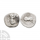 Thessaly - Larissa - Horse AR Drachm. 400-380 B.C. Obv: facing head of the nymph Larissa, turned slightly to the right, wearing ampyx, drop earrings, ...