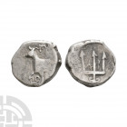 Thrace - Byzantion - Trident AR Hemidrachm. 386-340 B.C. Obv: forepart of bull standing left on dolphin left; Y?Y above. Rev: ornate trident head with...
