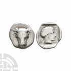 Phokis - Federal Coinage - Artemis AR Triobol. 440-420 B.C. Obv: bull head facing. Rev: ?OKI with head of Artemis right, all within incuse square. Cf....