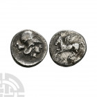 Corinth - Pegasus AR Stater. 350 B.C. Obv: Pegasus flying left with pointed wings, koppa below. Rev: helmetted head of Athena right, forepart of horse...