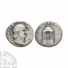 Nero - Temple of Vesta AR Denarius. 65 A.D. Rome mint. Obv: NERO CAESAR AVGVSTVS legend with laureate bust right. Rev: VESTA above dome temple of Vest...