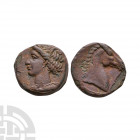 Carthage - AE Shekel. 300-264 B.C. Obv: wreathed head of Tanit left, wearing necklace. Rev: head of horse right. SNG Copenhagen 151; MAA 57. 4.71 gram...