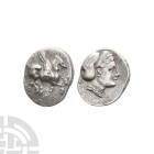 Corinthia - Corinth - Pegasus AR Drachm. 400-388 B.C. Obv: Pegasus flying left, symbol before. Rev: head of Aphrodite right, wearing sakkos; monograms...