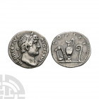 Hadrian - Implements AR Denarius. 127 A.D. Rome mint. Obv: HADRIANVS AVGVSTVS legend with laureate head right with drapery on far shoulder. Rev: COS I...