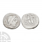 M Nonius Sufenas - Roma AR Denarius. 59 B.C. Rome mint. Obv: head of Saturn right with SVFENAS before and harpa, conical stone and SC behind. Rev: Rom...