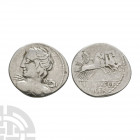 C Licinius L f Macer - Minerva AR Denarius. 84 B.C. Rome mint. Obv: diademed head of Apollo left brandishing thunderbolt, cloak over left shoulder. Re...
