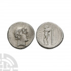 L Marcius Censorinus - Marsyas AR Denarius. 82 B.C. Rome mint. Obv: laureate head of Apollo right. Rev: satyr Marsyas walking left with right arm rais...