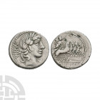 C Vibius C f Pansa - Minerva AR Denarius. 90 B.C. Rome mint. Obv: laureate head of Apollo right; X below chin and PANSA behind. Rev: Minerva holding t...