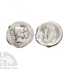 Mn Cordius Rufus - Dioscuri AR Denarius. 46 B.C. Rome mint. Obv: RVFVS III VIR legend behind jugate heads of Dioscuri surmounted by stars right. Rev: ...