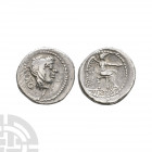 M Porcius Cato - Victory AR Quinarius. 89 B.C. Rome mint. Obv: ivy-wreathed Bacchus head (or Liber) right; control mark K below. Rev: Victory seated r...