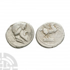 Q Titiua - Pegasus AR Denarius. 90 B.C. Rome mint. Obv: bearded head right wearing winged diadem. Rev: Pegasus springing right off tablet inscribed Q ...