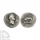 Domitian - Wolf and Twins AR Denarius. 77-78 A.D. Rome mint. Obv: CAESAR AVG F DOMITIANVS with laureate head right. Rev: COS V above with she-wolf sta...