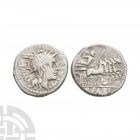 M Fannius - Victory AR Denarius. 123 B.C. Rome mint. Obv: helmeted head of Roma right with X below chin and ROMA behind; L ARBO(?) before. Rev: Victor...