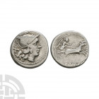 Anonymous Issue - Victory AR Denarius. 157-155 B.C. Rome mint. Obv: helmeted head of Roma right; X behind. Rev: Victory holding goad in biga right; RO...