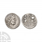 L Titurius L f Sabinus - Victory AR Quinarius. 89 B.C. Rome mint. Obv: laureate bust of Jupiter right. Rev: Victory crowning trophy with wreath; P SAB...