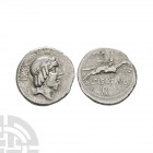 L Calpurnius Piso L f Frugi - Naked Horseman AR Denarius. 90 B.C. Rome mint. Obv: laureate head of Apollo right; XXXI behind. Rev: naked horseman gall...