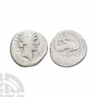 Mn Cordius Rufus - Cupid AR Denarius. 46 B.C. Rome mint. Obv: diademed head of Venus right with RVFVS S C behind. Rev: Cupid on dolphin right; MN CORD...